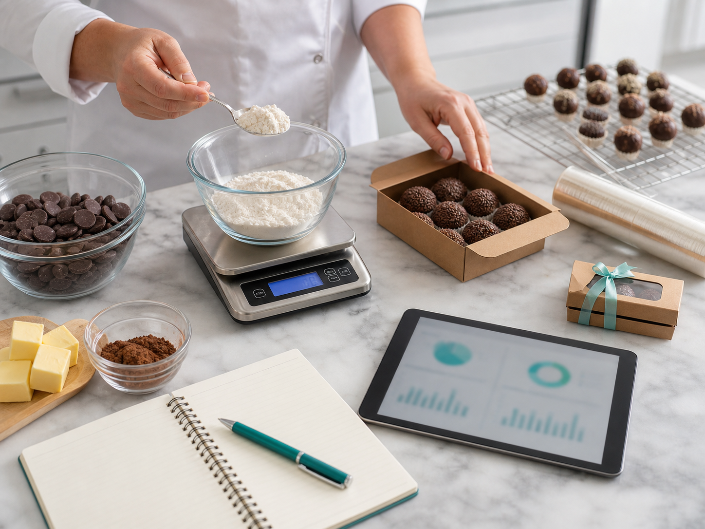 Ingredientes pesados com precisao para ficha tecnica de confeitaria